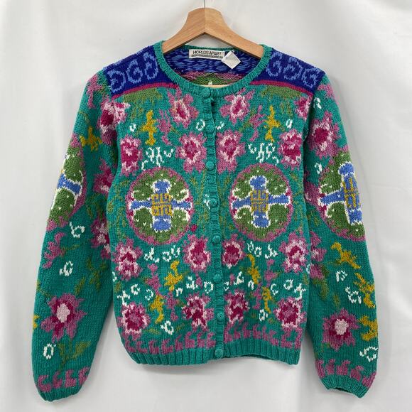 Vintage silk cotton blend teal hand knit colorful cardigan sweater - Picture 2 of 4